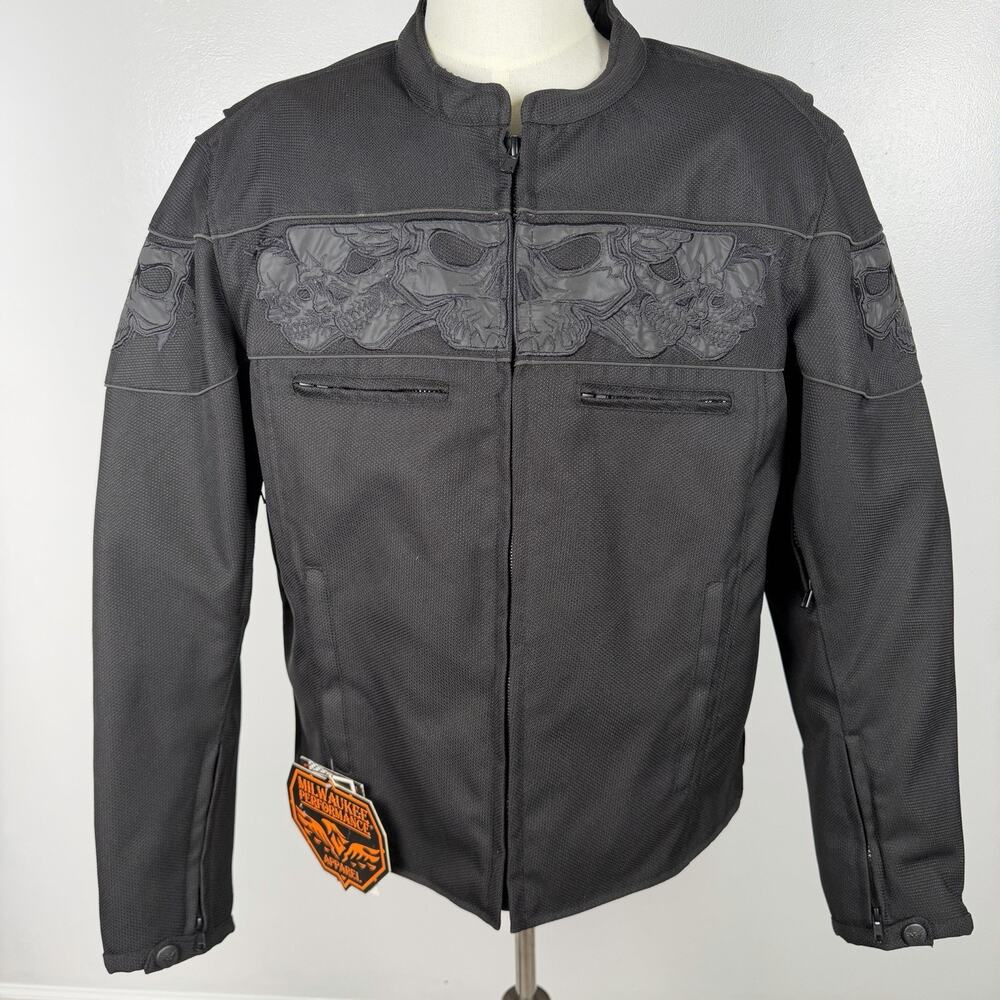Milwaukee Performance Men’s 2XL Skull Motorcycle Jacket Black Armored Reflective